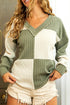 Textured Colorblock Long Sleeve V Neck Top